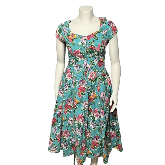🌟Tangibles 100% Cotton Scalloped Floral Tea Party Flare Dress Sz-Medium - Picture 1 of 9